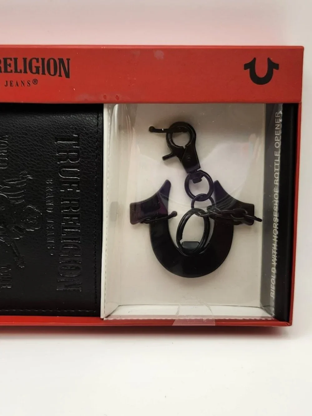 True Religion wallet bifold black with horseshoe keychain bottle opener NWT